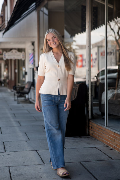 Ribbed Short Sleeve Cardigan - Ivory