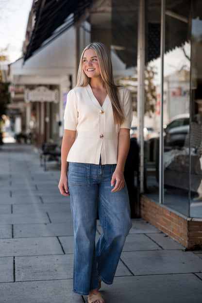 Ribbed Short Sleeve Cardigan - Ivory