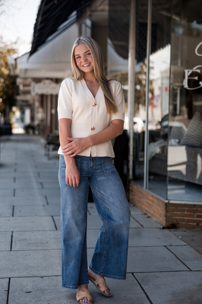 Ribbed Short Sleeve Cardigan - Ivory
