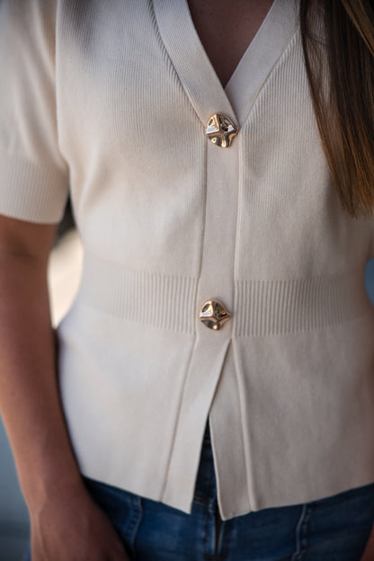 Ribbed Short Sleeve Cardigan - Ivory