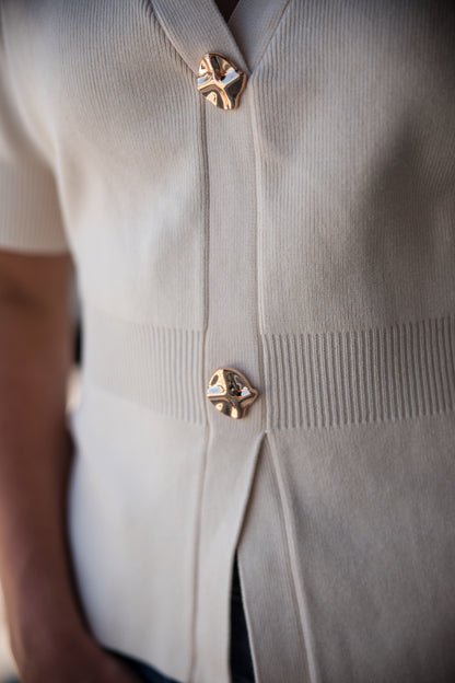 Ribbed Short Sleeve Cardigan - Ivory