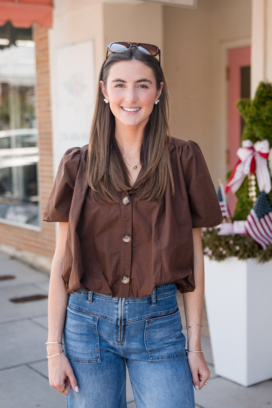Puff Sleeve Bubble Top - Brown