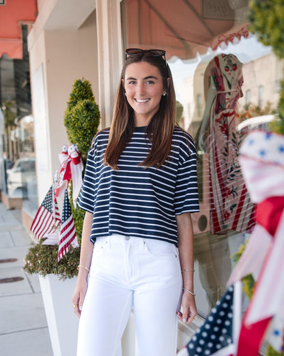 Mae Cropped Tee Shirt - Navy/White Stripe