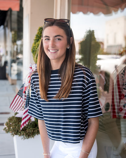 Mae Cropped Tee Shirt - Navy/White Stripe