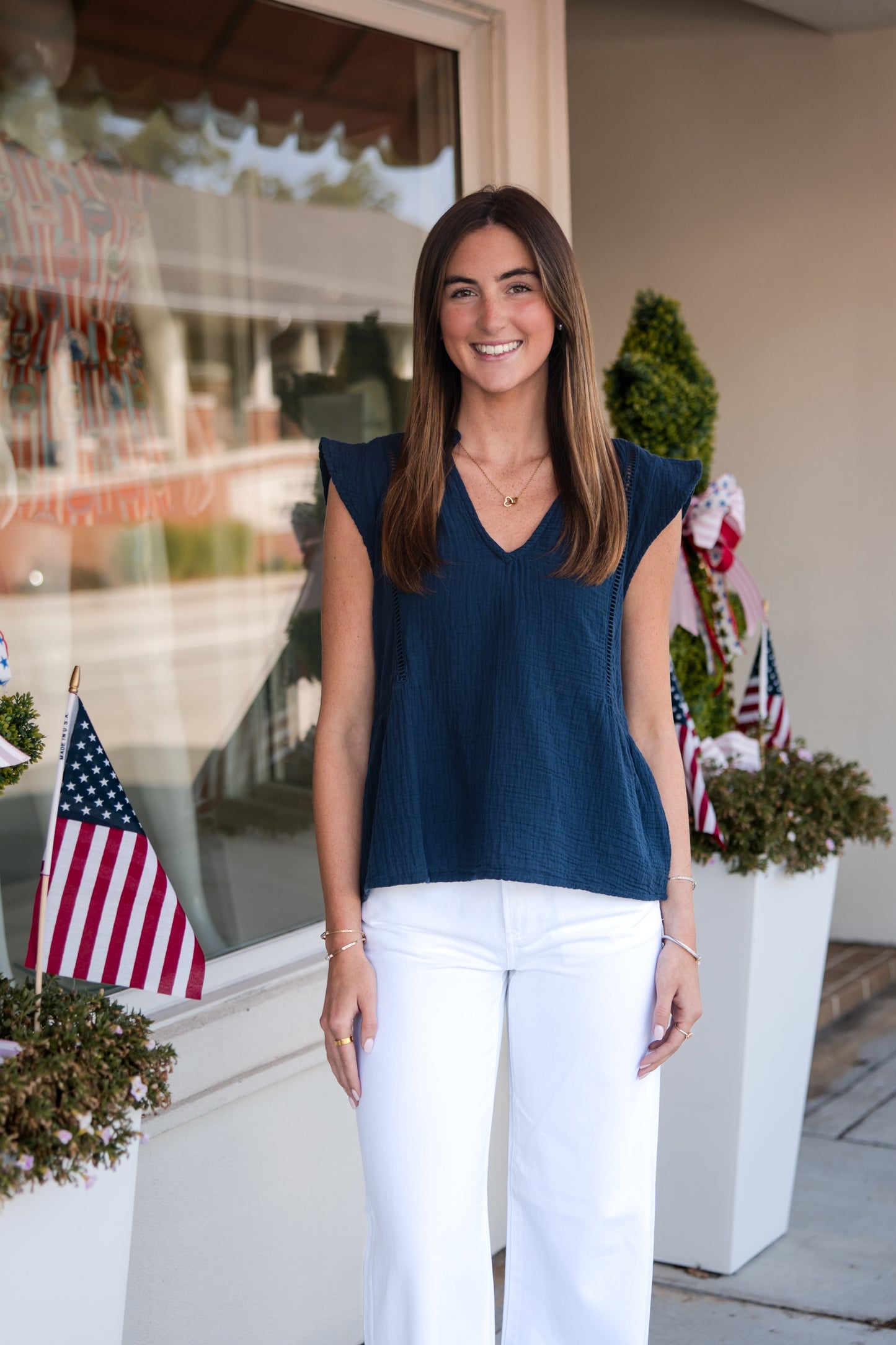 Flutter Sleeve Split Neck Top - Deep Seas