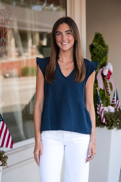 Flutter Sleeve Split Neck Top - Deep Seas