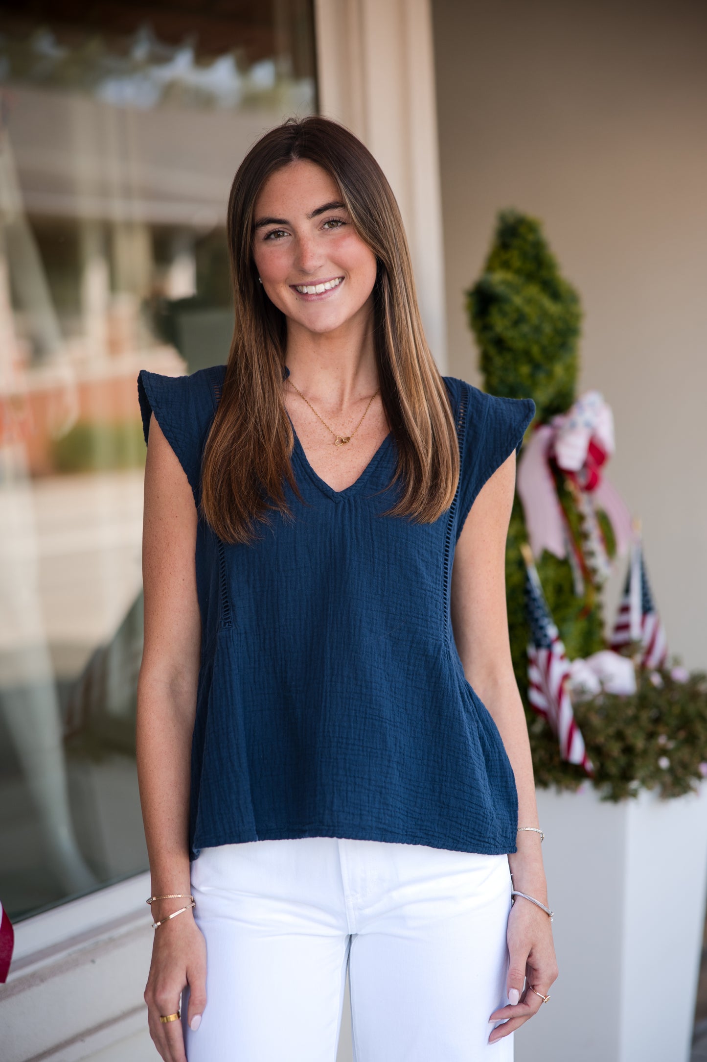 Flutter Sleeve Split Neck Top - Deep Seas