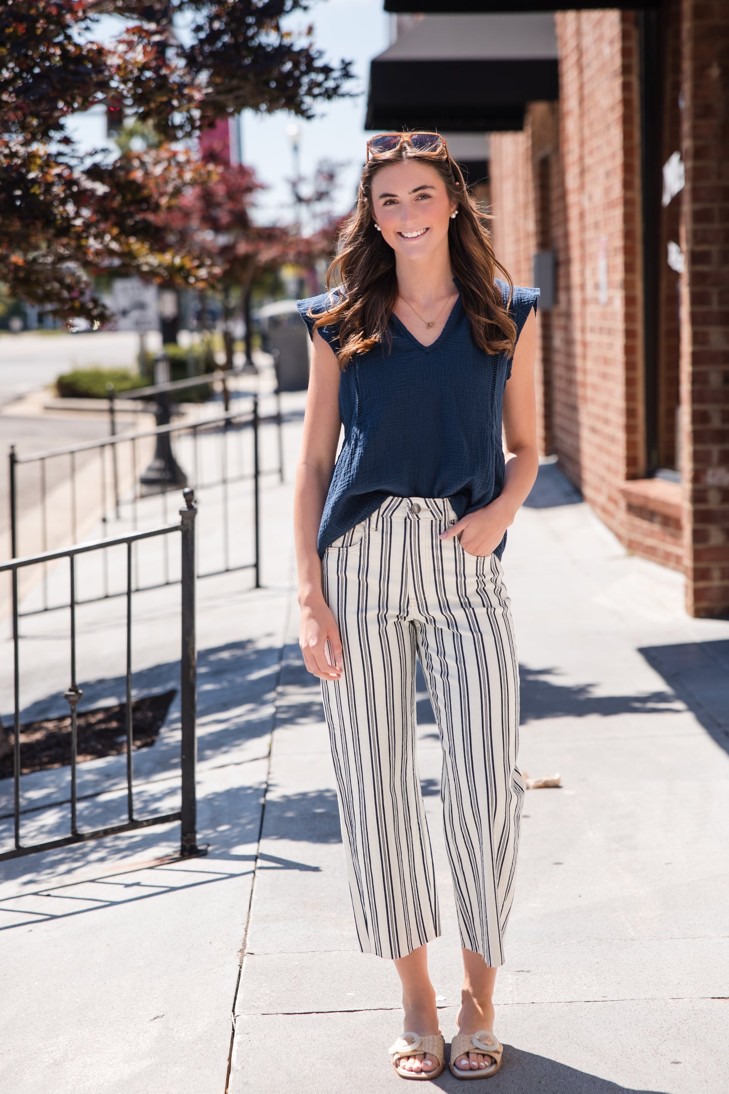 Flutter Sleeve Split Neck Top - Deep Seas