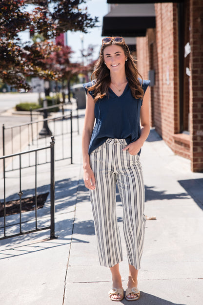 Flutter Sleeve Split Neck Top - Deep Seas