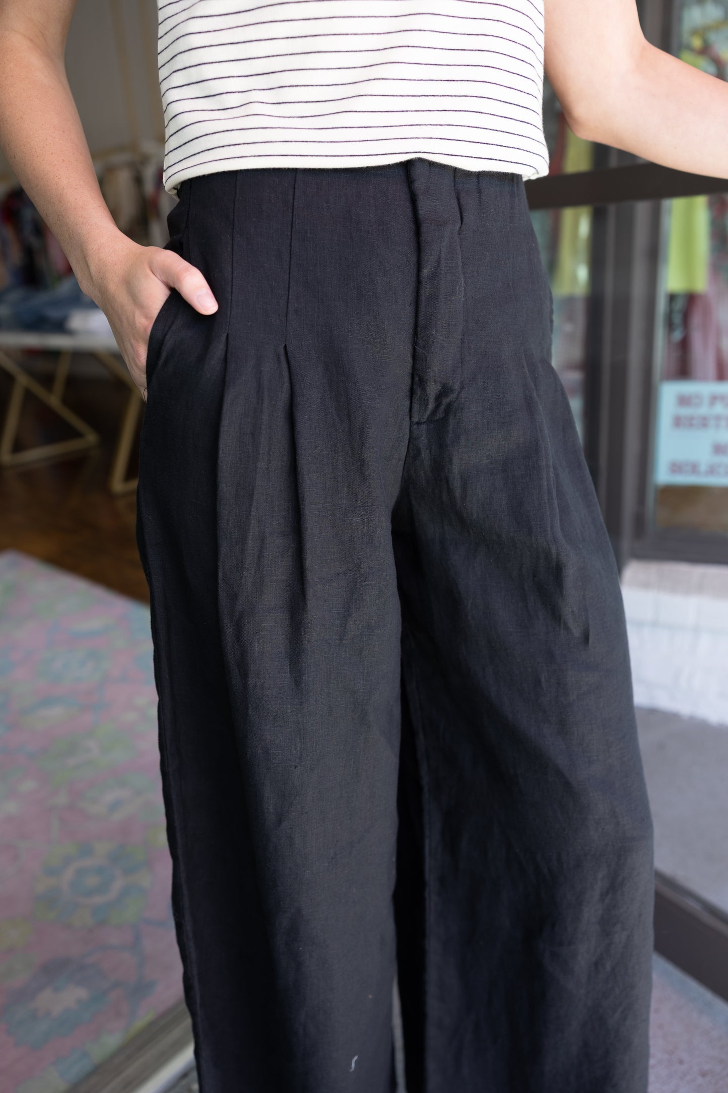 Meg Linen High Rise Wide Straight Leg Pant - Black