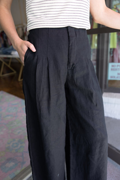 Meg Linen High Rise Wide Straight Leg Pant - Black