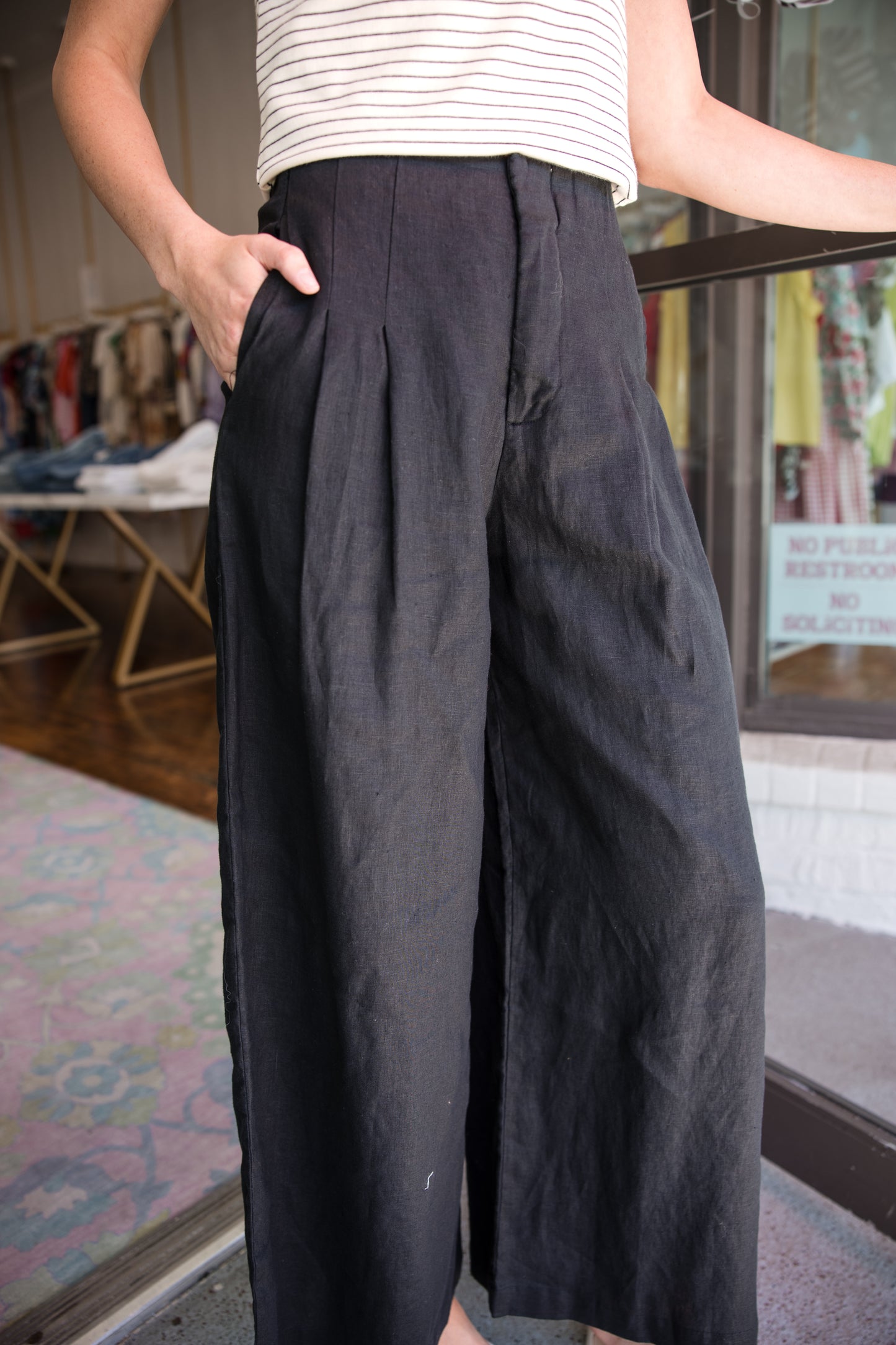 Meg Linen High Rise Wide Straight Leg Pant - Black