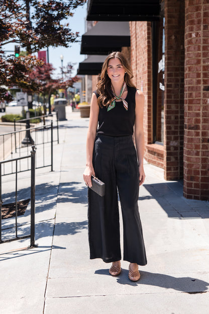 Meg Linen High Rise Wide Straight Leg Pant - Black