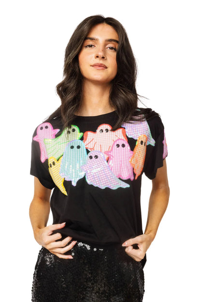 Queen of Sparkles Black Multi Gingham Ghost Patch Tee Shirt