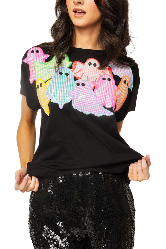 Queen of Sparkles Black Multi Gingham Ghost Patch Tee Shirt