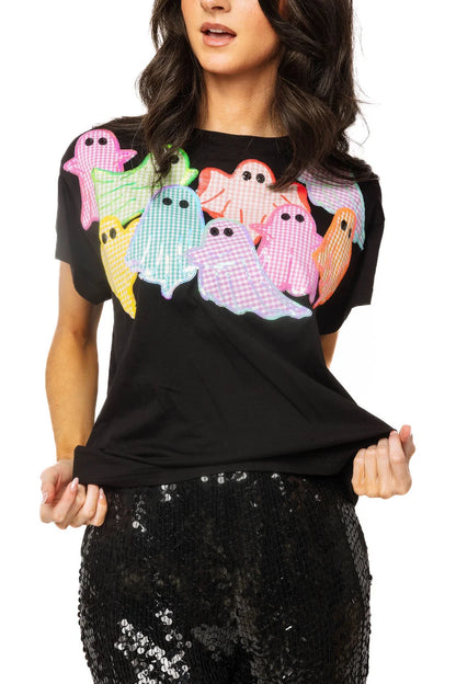 Queen of Sparkles Black Multi Gingham Ghost Patch Tee Shirt
