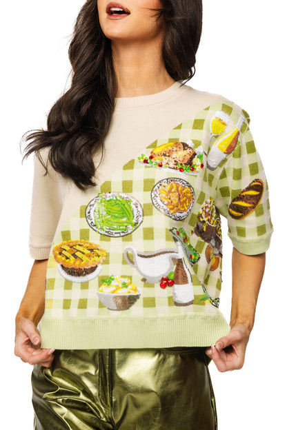 Queen of Sparkles Ivory & Green Gingham Colorblock Thanksgiving Meal Knit Top