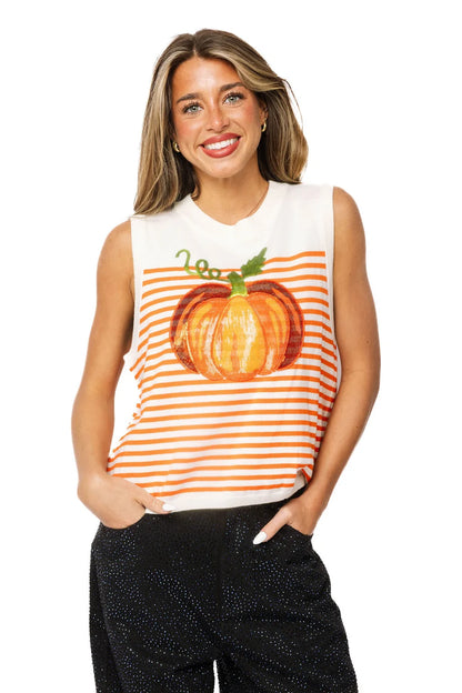 Queen of Sparkles Ivory & Orange Striped Pumpkin Knit Tank Top
