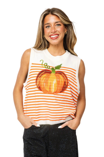 Queen of Sparkles Ivory & Orange Striped Pumpkin Knit Tank Top