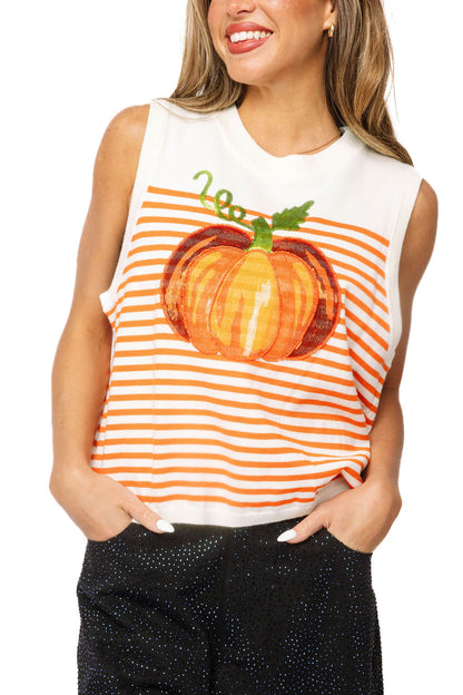 Queen of Sparkles Ivory & Orange Striped Pumpkin Knit Tank Top