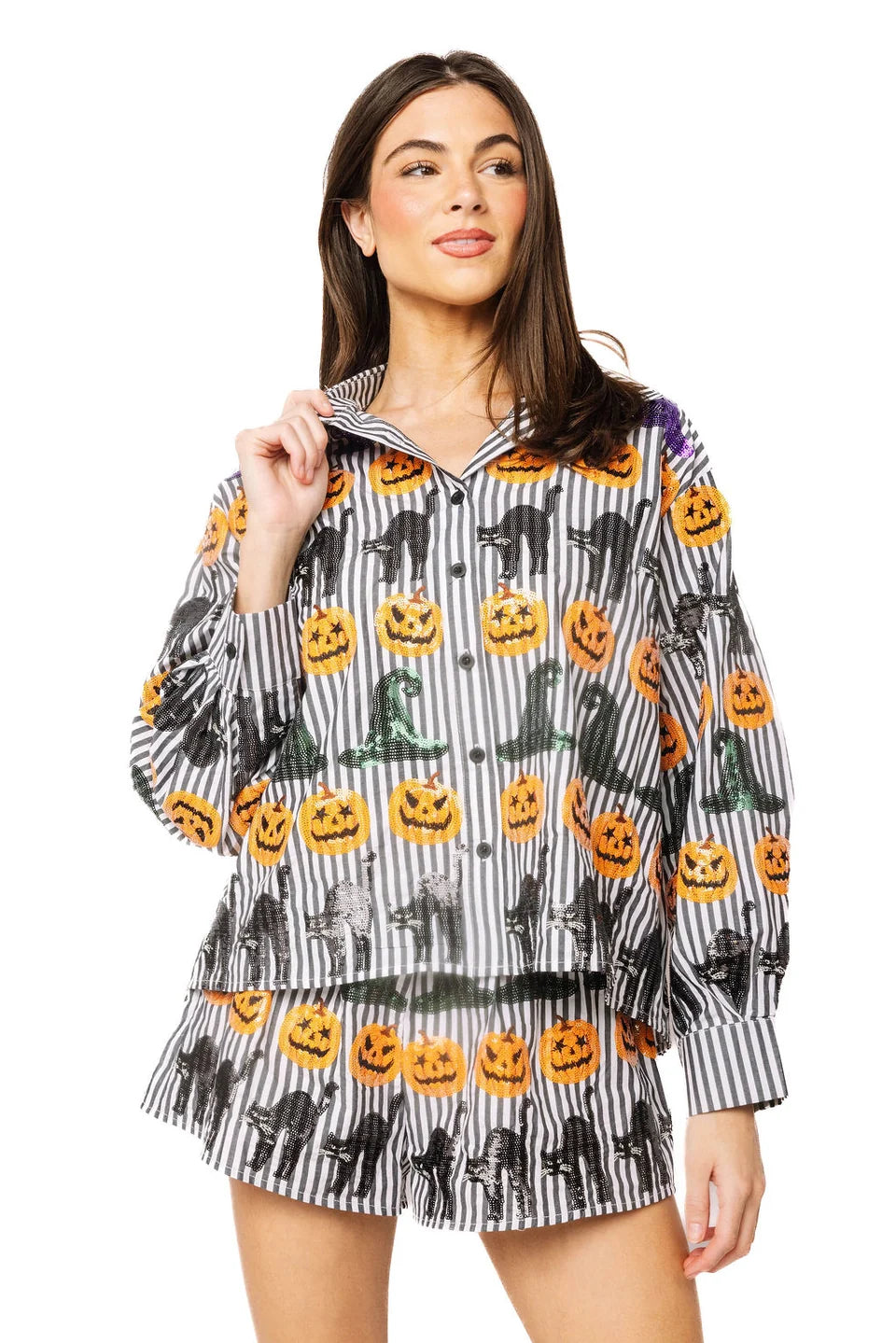 Queen of Sparkles Black & White Striped Witch Hat, Pumpkin & Cat Icon Cotton Button Up Top