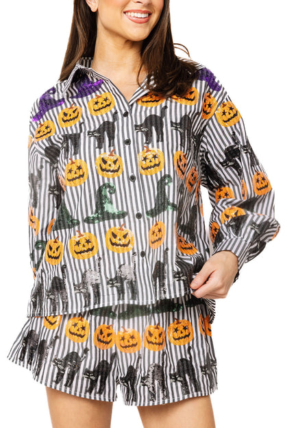 Queen of Sparkles Black & White Striped Witch Hat, Pumpkin & Cat Icon Cotton Button Up Top