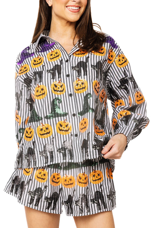 Queen of Sparkles Black & White Striped Witch Hat, Pumpkin & Cat Icon Cotton Button Up Top