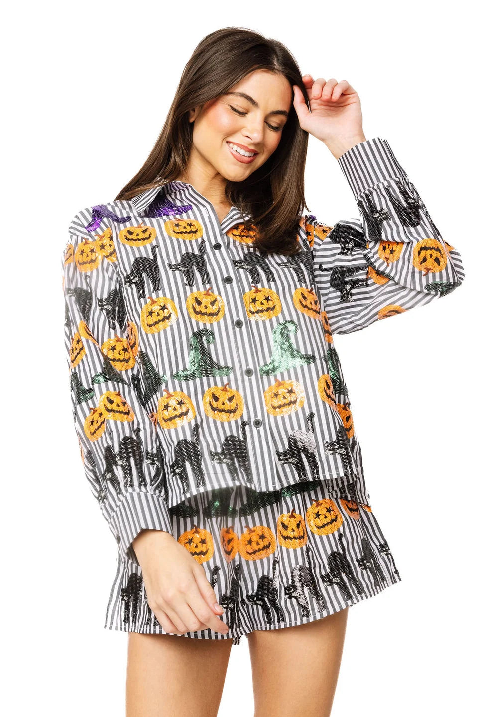 Queen of Sparkles Black & White Striped Witch Hat, Pumpkin & Cat Icon Cotton Button Up Top