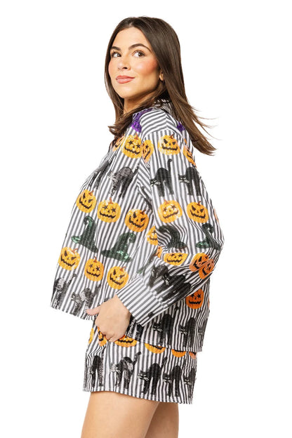 Queen of Sparkles Black & White Striped Witch Hat, Pumpkin & Cat Icon Cotton Button Up Top