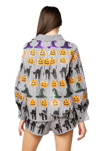 Queen of Sparkles Black & White Striped Witch Hat, Pumpkin & Cat Icon Cotton Button Up Top