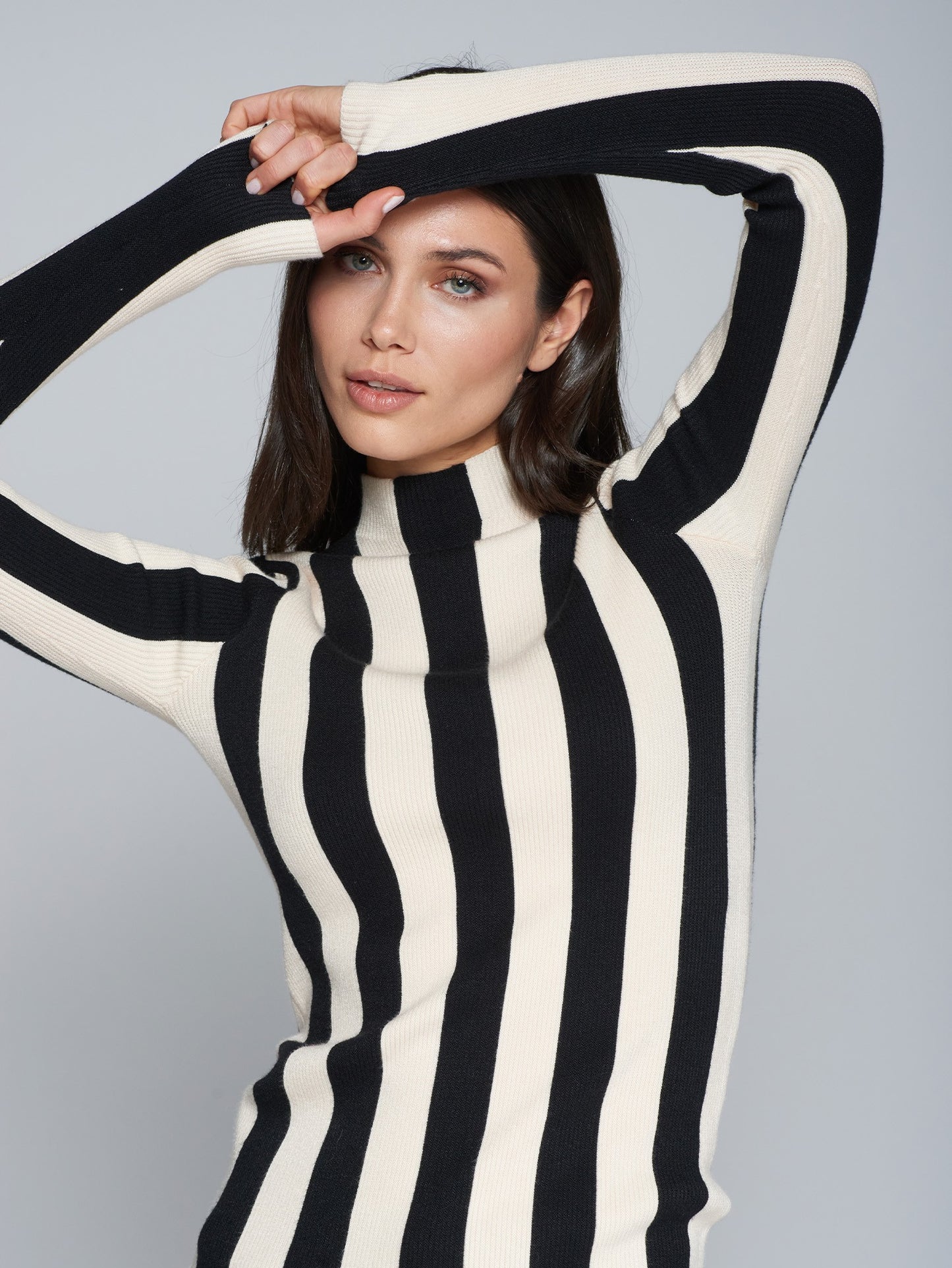 Black and White Stripe Mock Neck Top