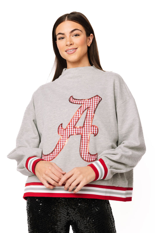 Queen of Sparkles Licensed Alabama Grey Gingham Mascot Mock Neck Sweatshirt