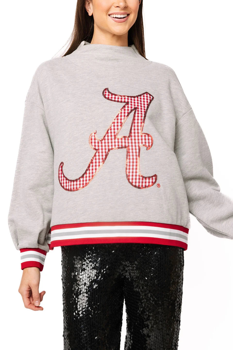 Queen of Sparkles Licensed Alabama Grey Gingham Mascot Mock Neck Sweatshirt