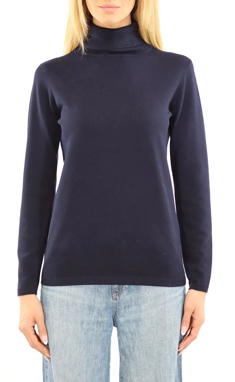 Rib Trim Long Sleeve Turtleneck Sweater - Navy