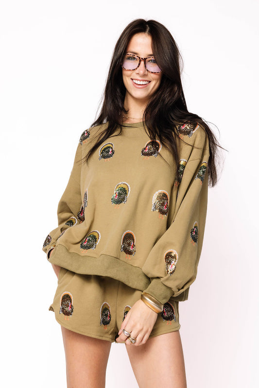 Queen of Sparkles Olive Green Scattered Turkey Sweatshirt