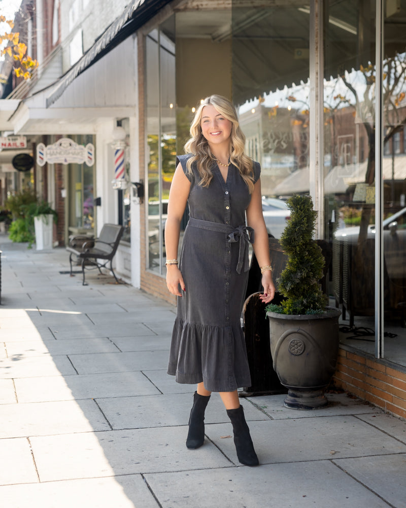 Button Down Midi Dress - Washed Black