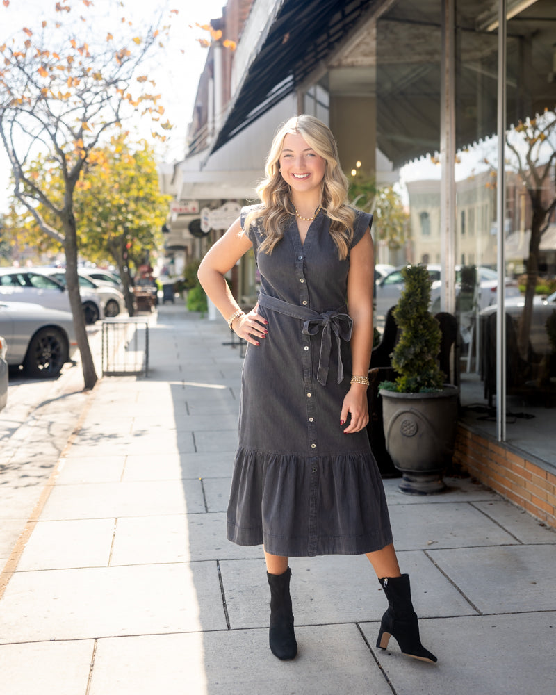 Button Down Midi Dress - Washed Black