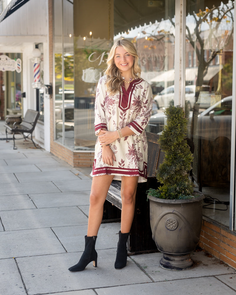 Floral Print Dress - Burgundy