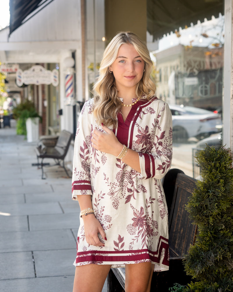 Floral Print Dress - Burgundy