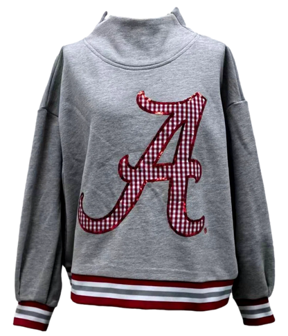 Queen of Sparkles Licensed Alabama Grey Gingham Mascot Mock Neck Sweatshirt