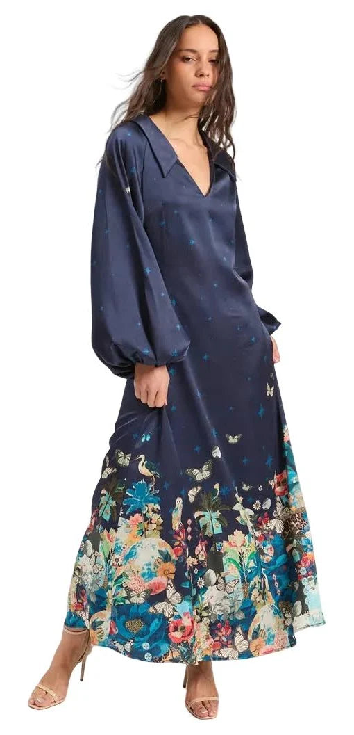 Flowers and Butterflies Long Dress - Navy