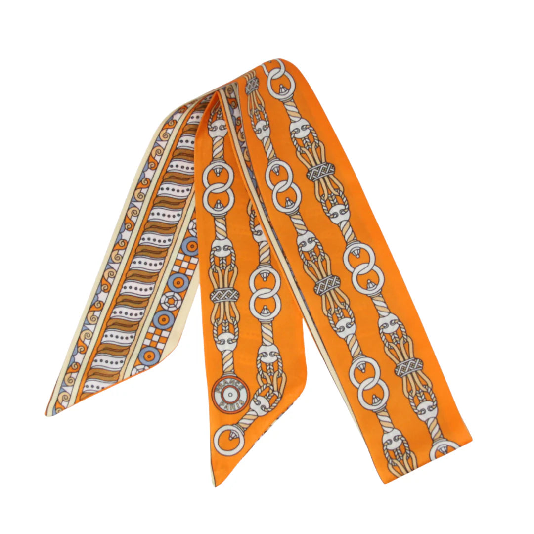 Spiraling Equestrian Motifs & Waves Twilly Scarf - Orange