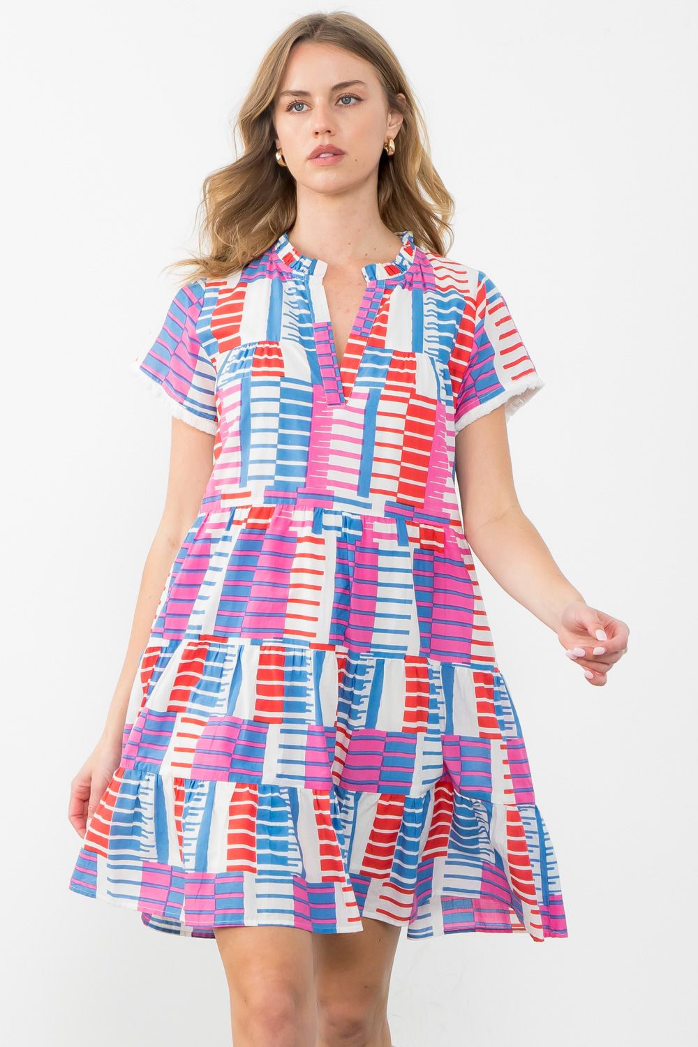 Short Sleeve Pattern Print Tiered Dress