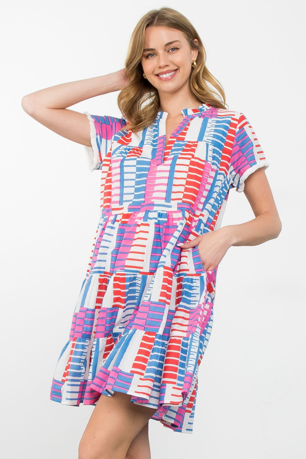 Short Sleeve Pattern Print Tiered Dress