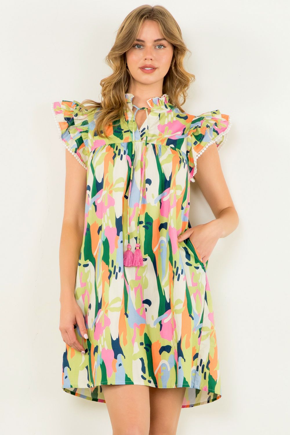 Flutter Sleeve Multi Color Dress - Lime