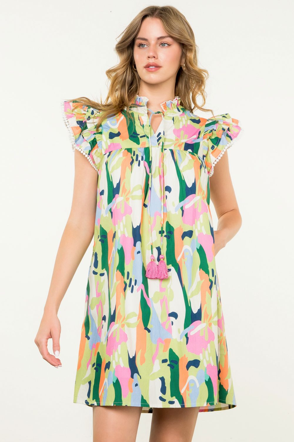 Flutter Sleeve Multi Color Dress - Lime