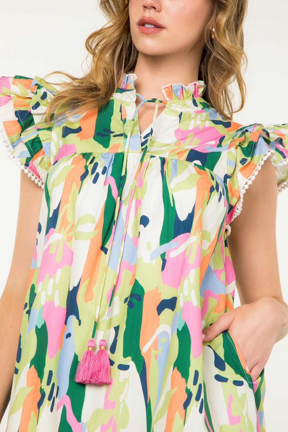 Flutter Sleeve Multi Color Dress - Lime