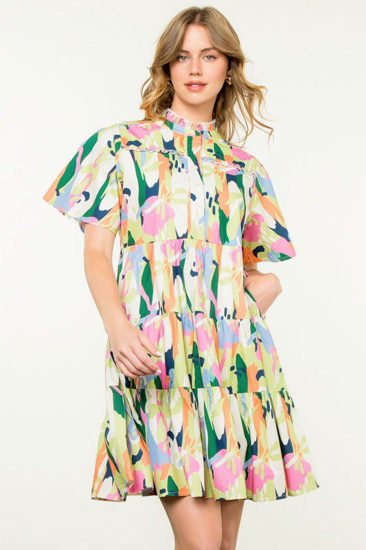 Short Sleeve Multi Color Dress - Lime