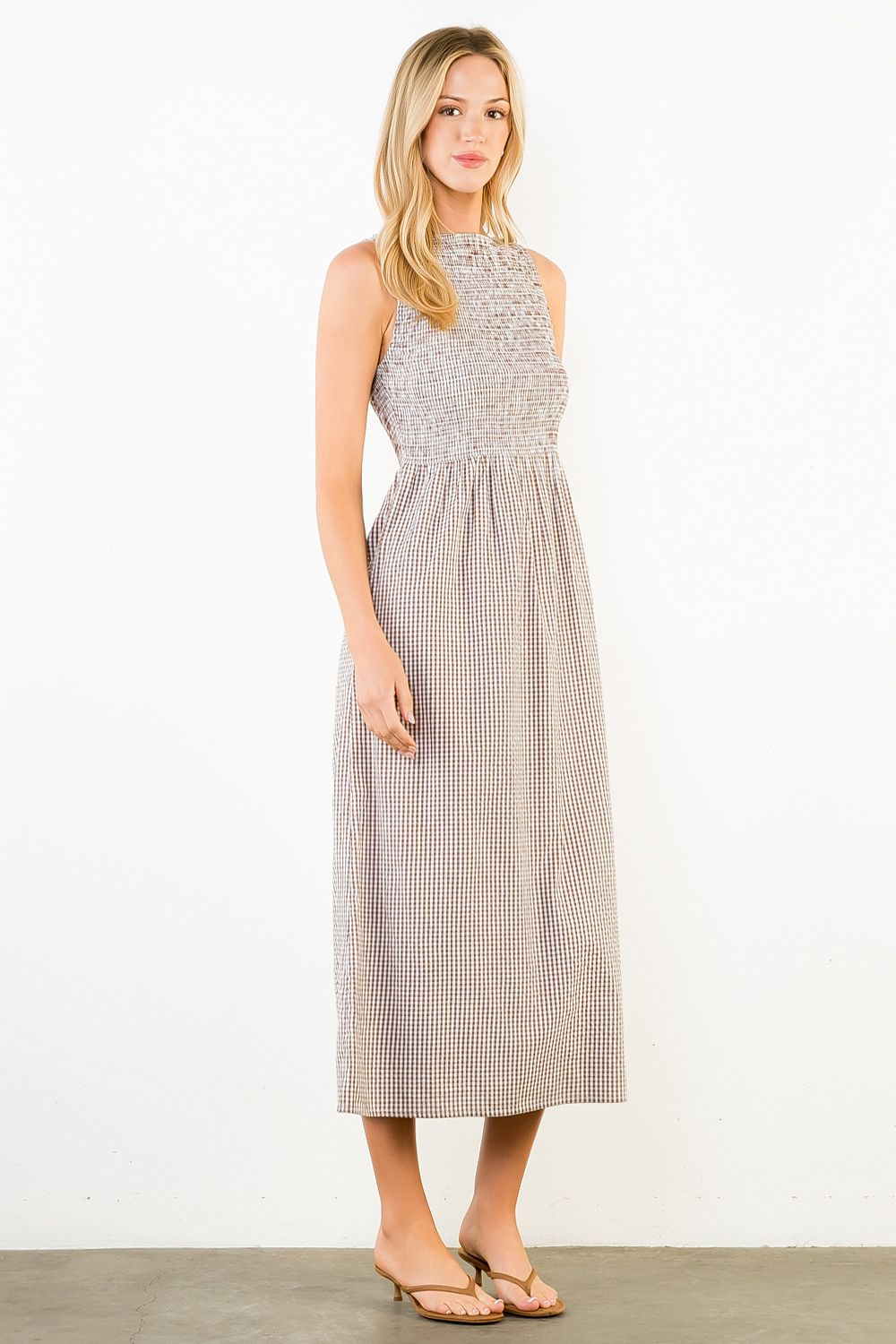 Sleeveless Smocked Gingham Print Dress - Brown