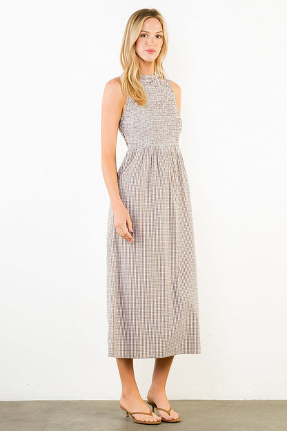 Sleeveless Smocked Gingham Print Dress - Brown